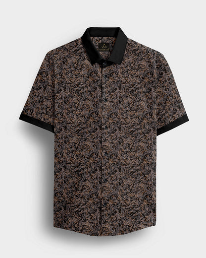 Carbon Black and Nutria Brown Paisley Pattern Printed Designer Cotton Shirt