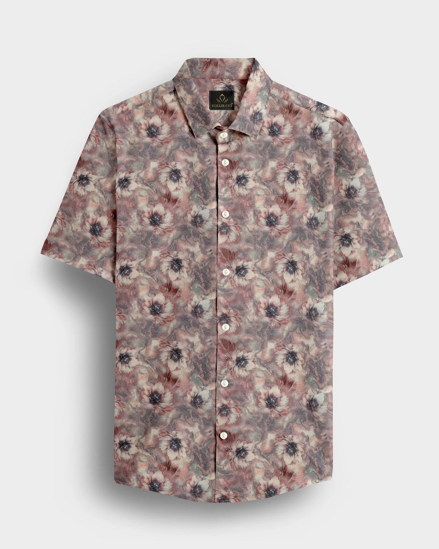 Angora Cream With Pinecone Brown and Aquasky Blue Peonies Flowers Printed Cotton Linen Shirt