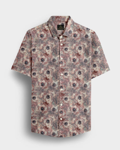 Angora Cream With Pinecone Brown and Aquasky Blue Peonies Flowers Printed Cotton Linen Shirt