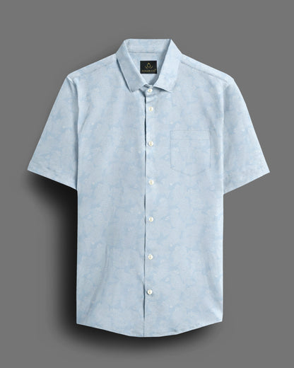 Pastel Blue And Snow White Paisley Patterned Printed Cotton Shirt