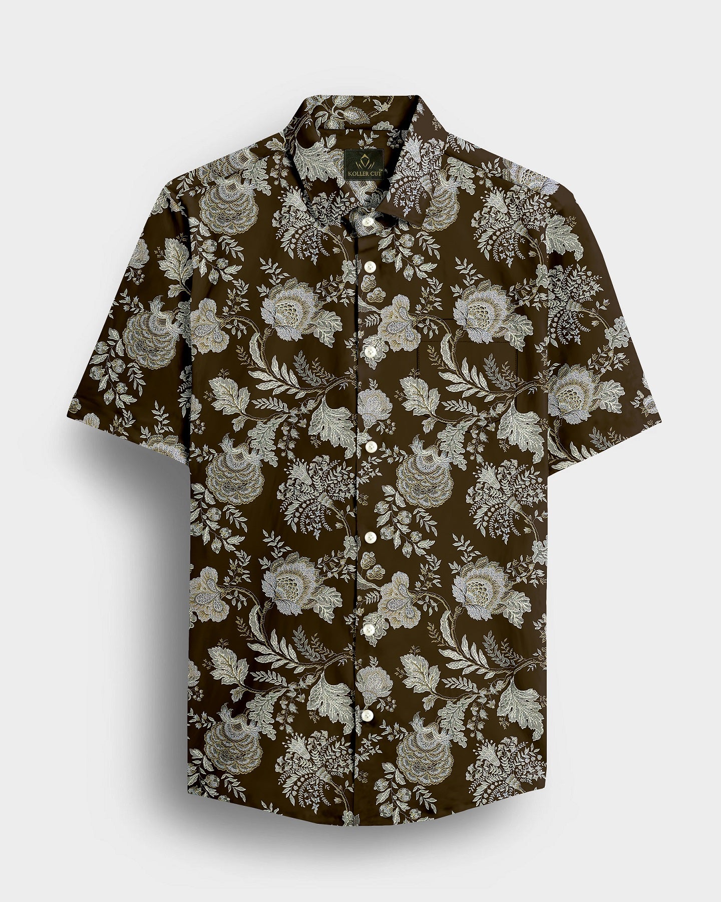 Lizard Brown with Olive Green and Moth Cream Marigold Plant Printed Cotton Shirt