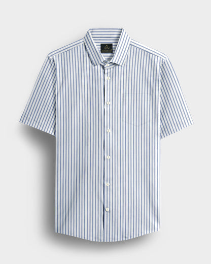 Chambray Blue And Snow White Multitrack Stripes Cotton Shirt