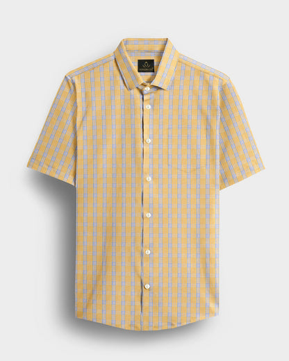 White with Citron Yellow and Paradise Blue Checks Cotton Shirt