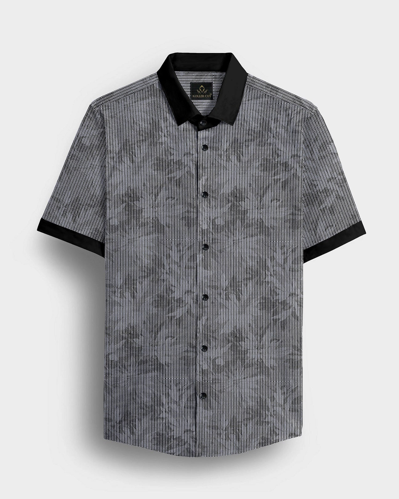 Sable Black and Slate Grey Maple Leaf Printed Broken Stripes Designer Cotton Shirt