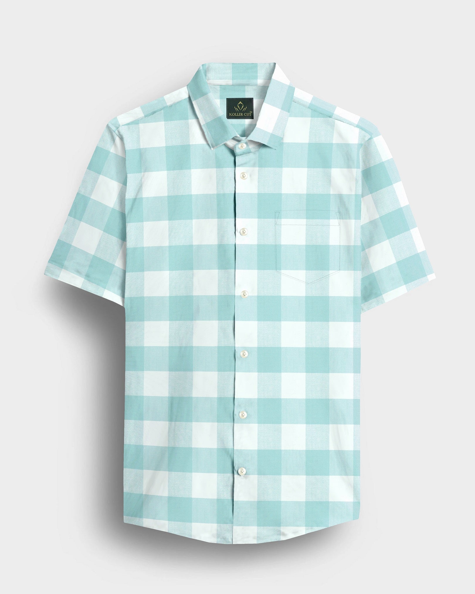 White and Turquoise Blue Buffalo Chekcs Oxford Cotton Shirt