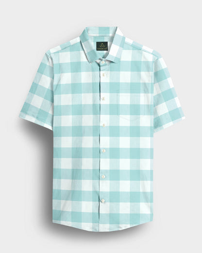 White and Turquoise Blue Buffalo Chekcs Oxford Cotton Shirt