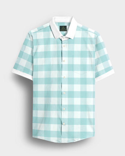 White and Turquoise Blue Buffalo Chekcs Oxford Designer Cotton Shirt