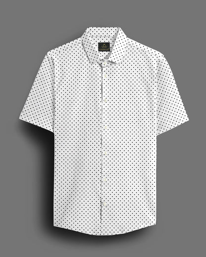 Milk White and Jet Black Polka Dots Printed Cotton Shirt