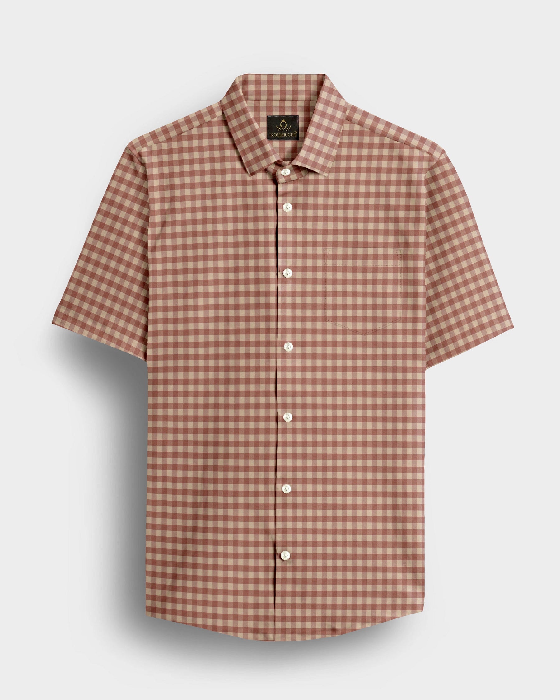 Beige and Peach Brown Gingham Checks 2 ply Cotton Shirt