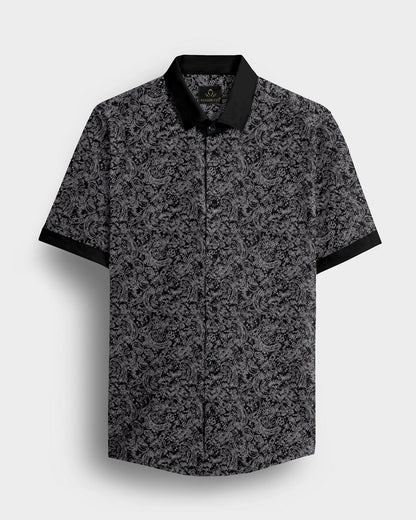 Carbon Black and Meteorite Grey Paisley Pattern Printed Designer Giza Cotton Shirt