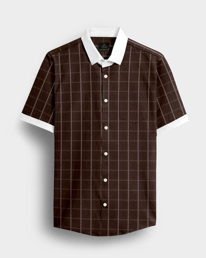 Carob Brown with White and Argan Brown Dash Checks Designer Cotton Shirt