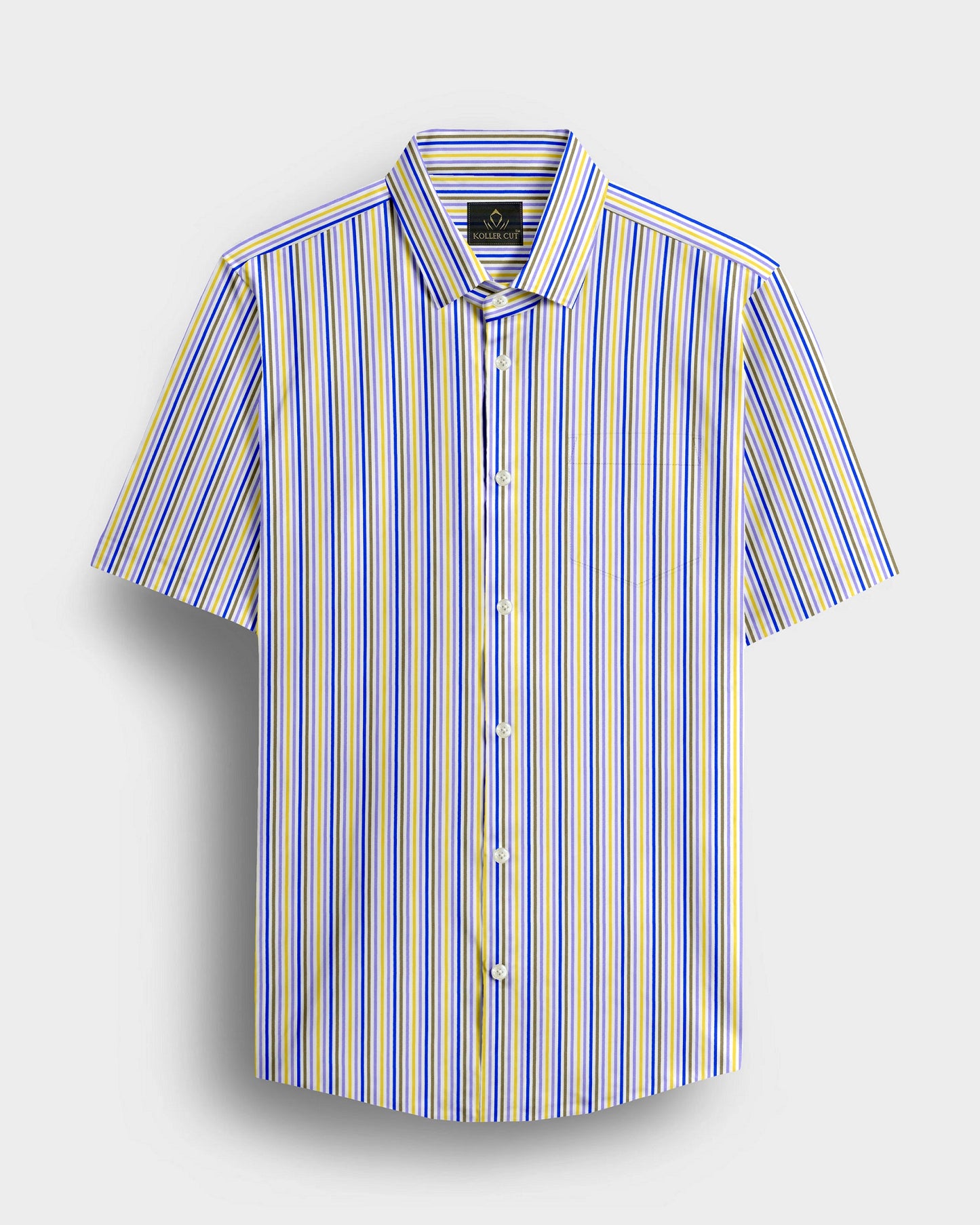 White with Lapis Blue and Lemon Yellow Multicolored Multitrack Stripes Cotton Shirt
