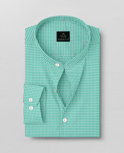 White and Aruba Blue Gingham Checks Mandarin collar Cotton Shirt