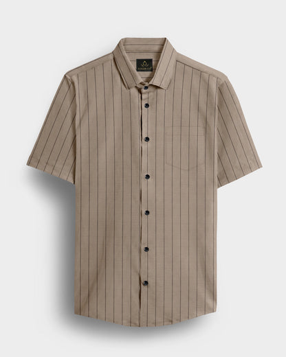 Seedpearl Beige and Raven Black Altered Broken Stripes Oxford Cotton Shirt