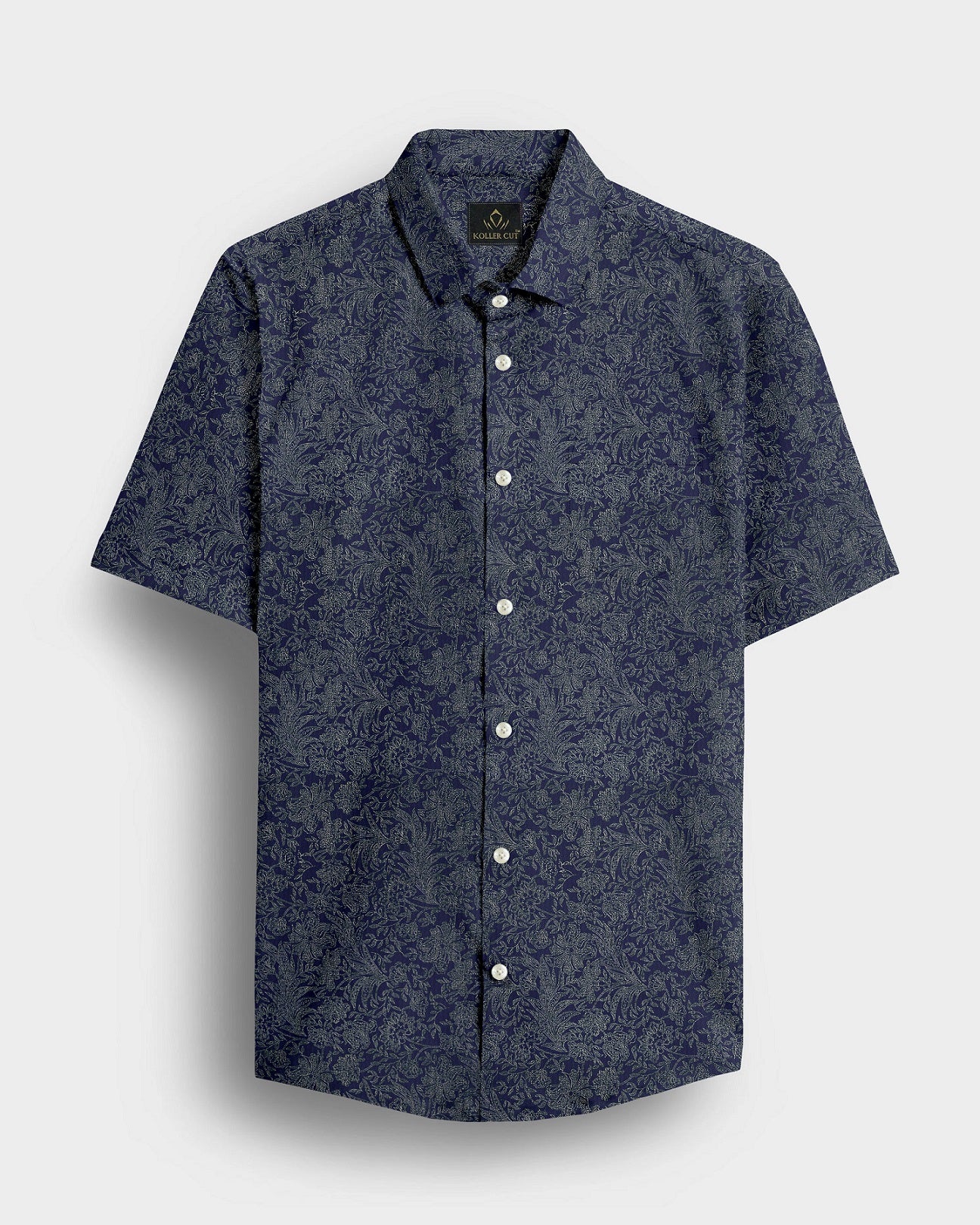Insignia Blue With Olive Green Vector Flower Printed Cotton Shirt
