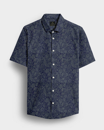 Insignia Blue With Olive Green Vector Flower Printed Cotton Shirt