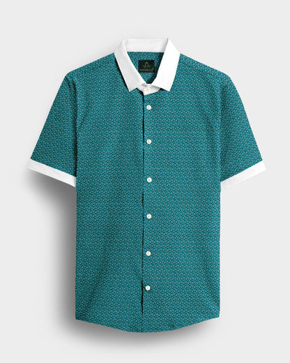 Agate Green and Beige Chamomile Flower Printed Designer Cotton Shirt