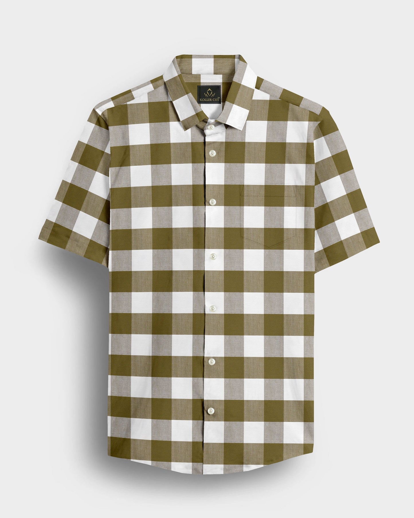 White and Ecru Olive Green Buffalo Checks Cotton Shirt