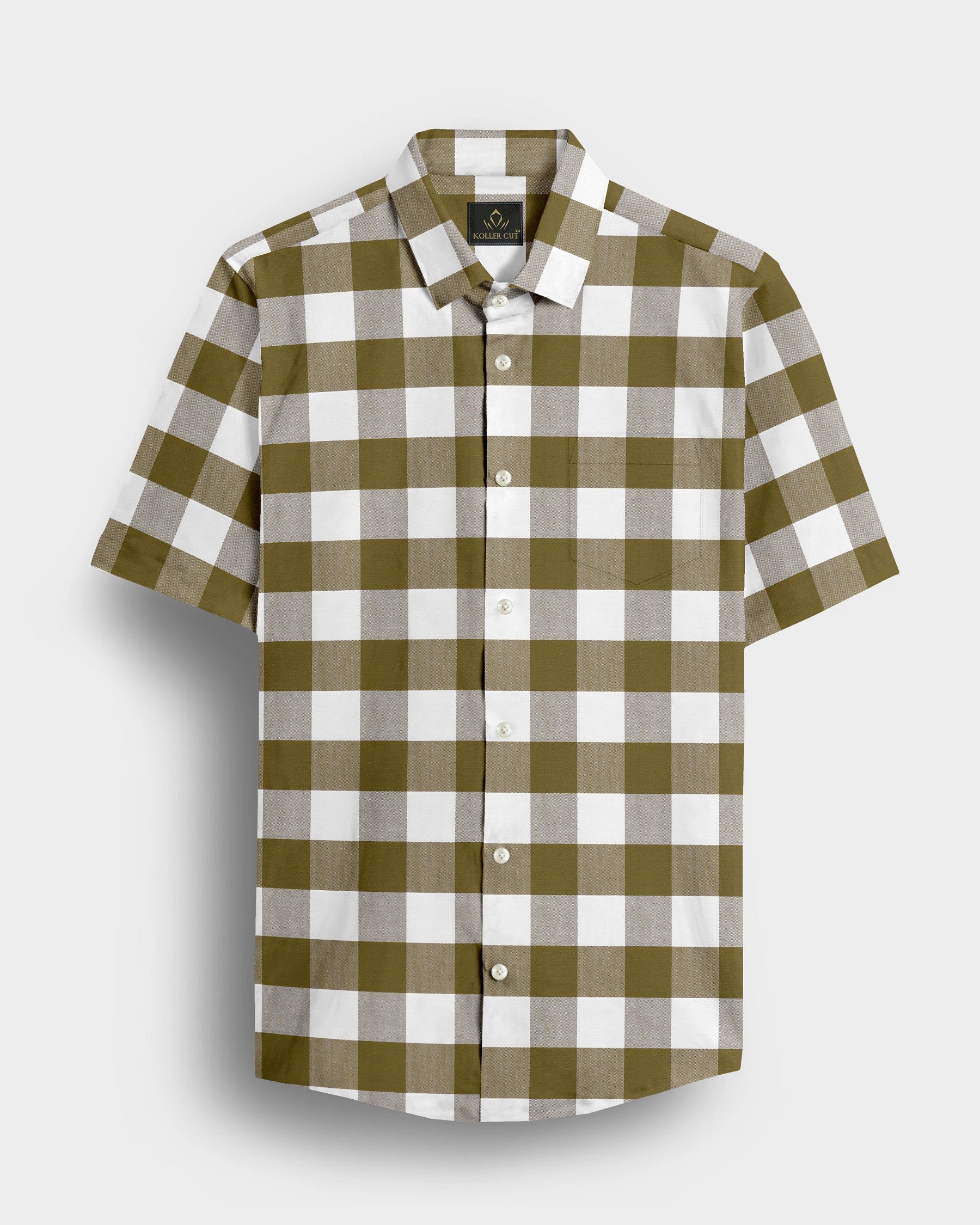 White and Ecru Olive Green Buffalo Checks Cotton Shirt