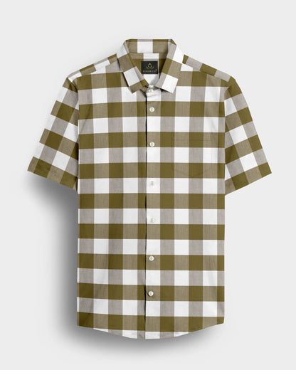 White and Ecru Olive Green Buffalo Checks Cotton Shirt