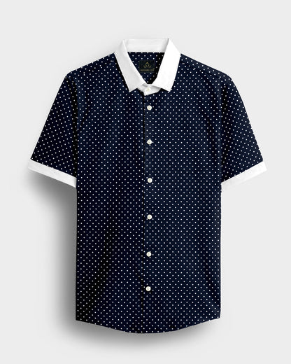 Sodalite Blue and Snow White Polka Dots Printed Designer Cotton Shirt