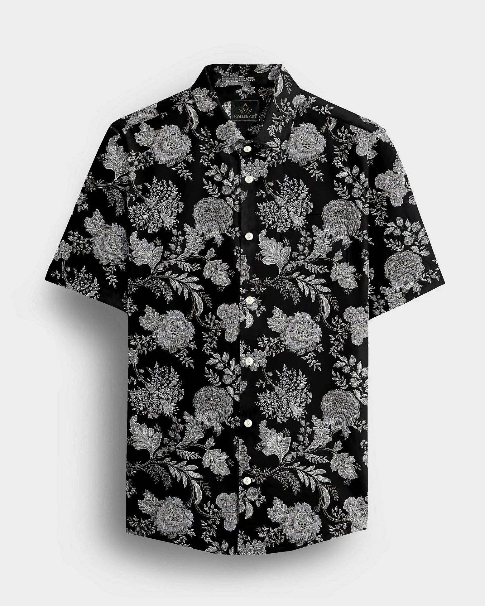 Raven Black with Platinum Grey and Silver Grey Marigold Plant Printed Cotton Shirt