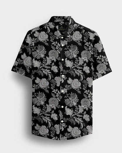 Raven Black with Platinum Grey and Silver Grey Marigold Plant Printed Cotton Shirt