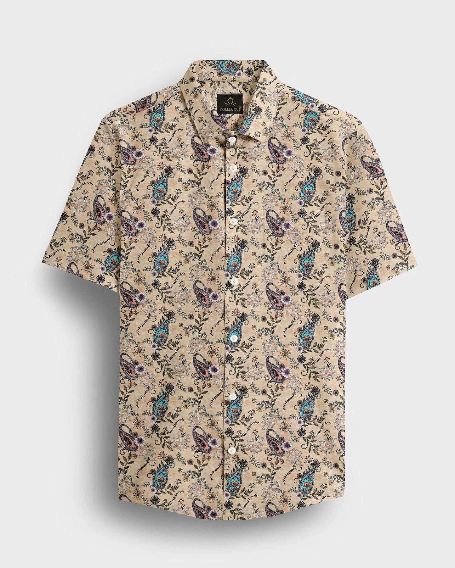 Impala Cream Cyan Blue and Tropical Peach Paisley Patterned Printed Cotton Linen Shirt