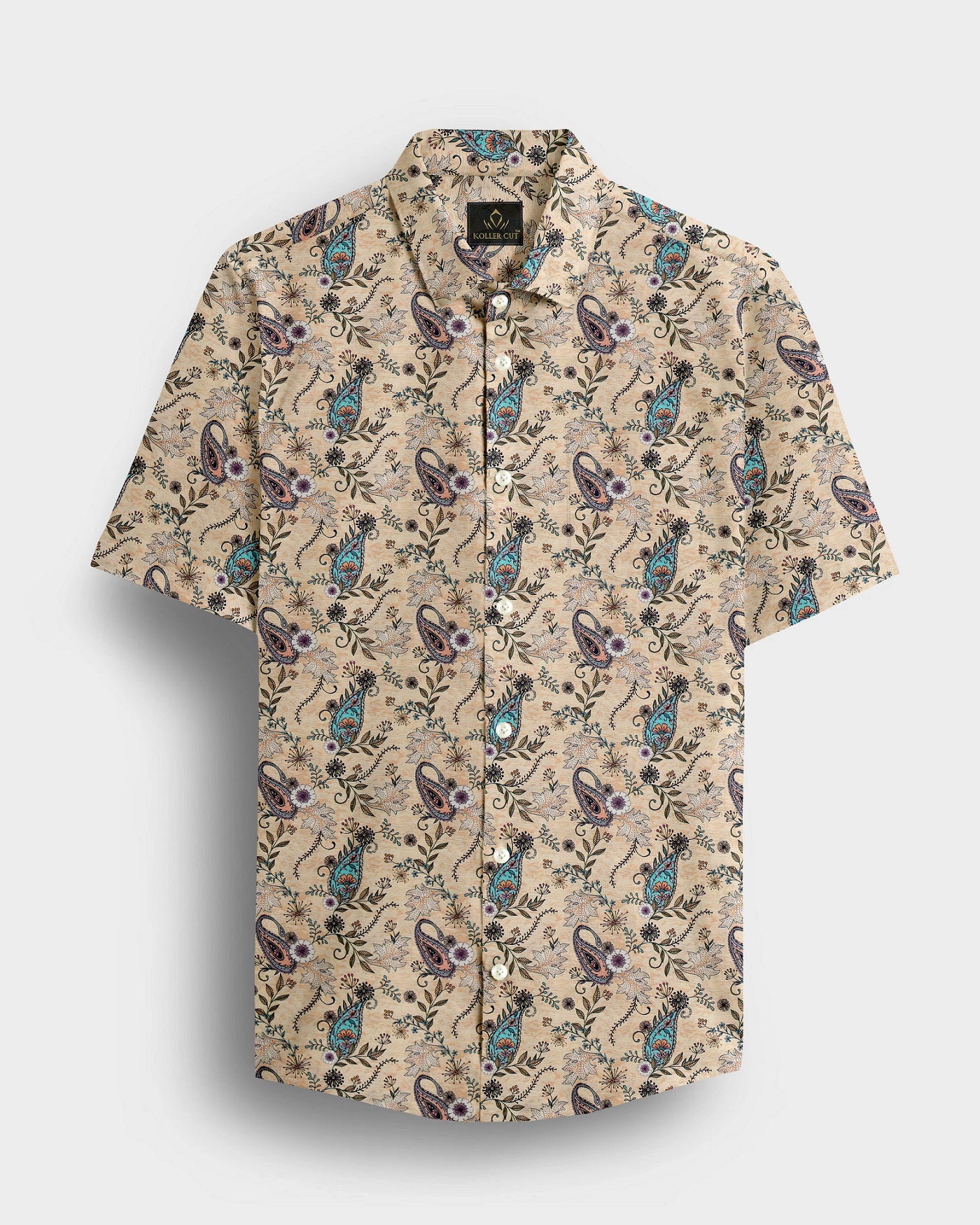 Impala Cream Cyan Blue and Tropical Peach Paisley Patterned Printed Cotton Linen Shirt
