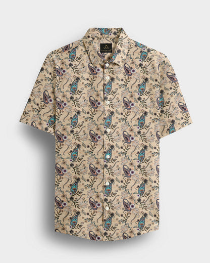 Impala Cream Cyan Blue and Tropical Peach Paisley Patterned Printed Cotton Linen Shirt