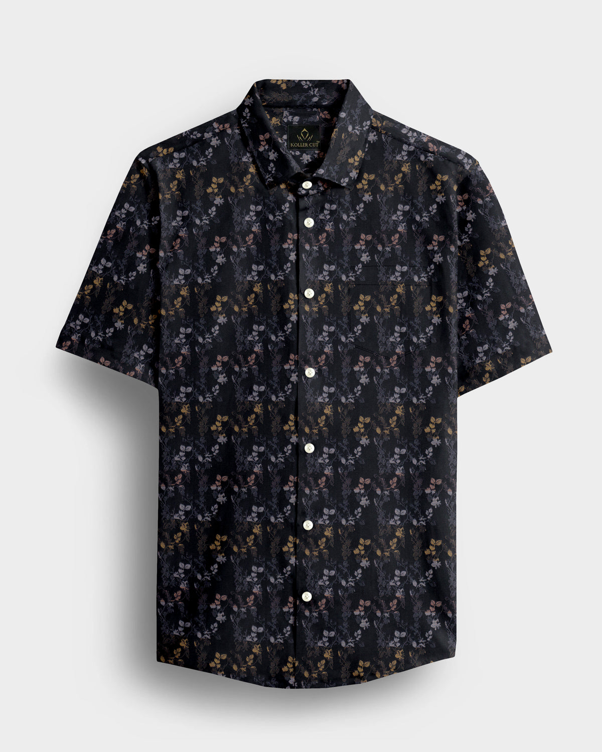 Asphalt Black with Peach Pink and Pale Gold Jacquard Leaf Printed Stripes Cotton Shirt