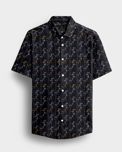 Asphalt Black with Peach Pink and Pale Gold Jacquard Leaf Printed Stripes Cotton Shirt