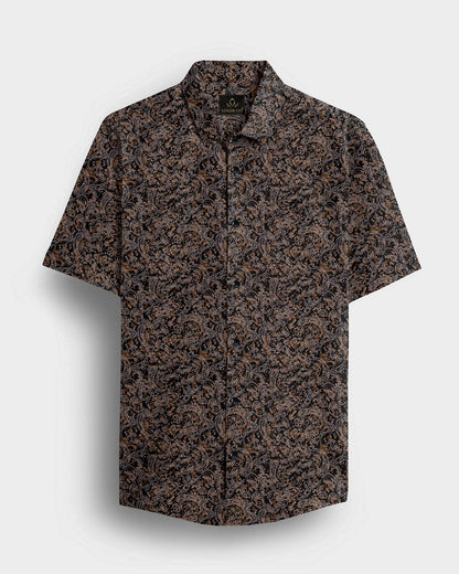 Carbon Black and Nutria Brown Paisley Pattern Printed Cotton Shirt