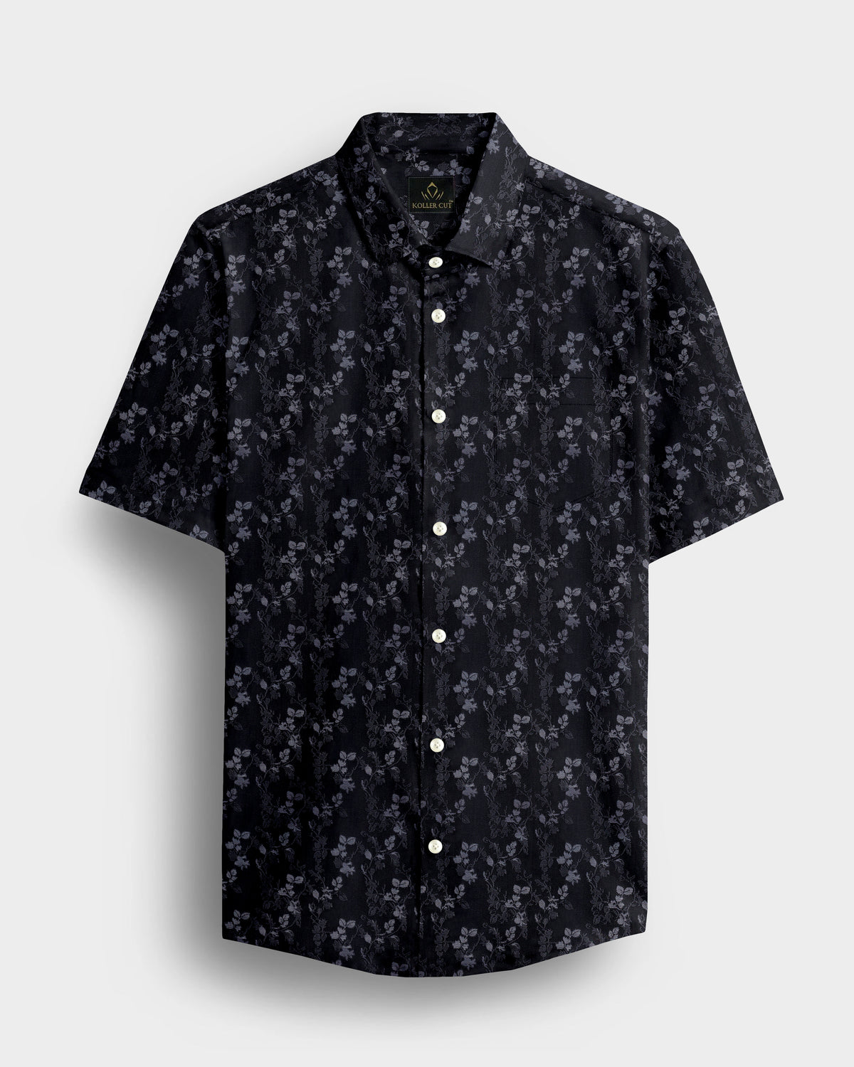 Asphalt Black with Limestone Gray and Vapor Gray Jacquard Leaf Printed Stripes Cotton Shirt