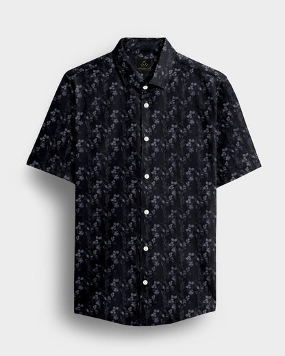 Asphalt Black with Limestone Gray and Vapor Gray Jacquard Leaf Printed Stripes Cotton Shirt