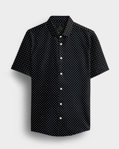 Carbon Black and White Polka Dots Printed Cotton Shirt