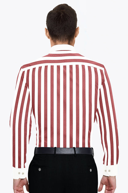 White and Brick Red Awning Stripes Designer Cotton Shirt