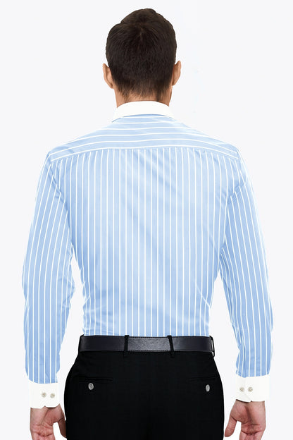 Blizzard Blue and White Wide Pinstripes Designer Cotton Linen Shirt
