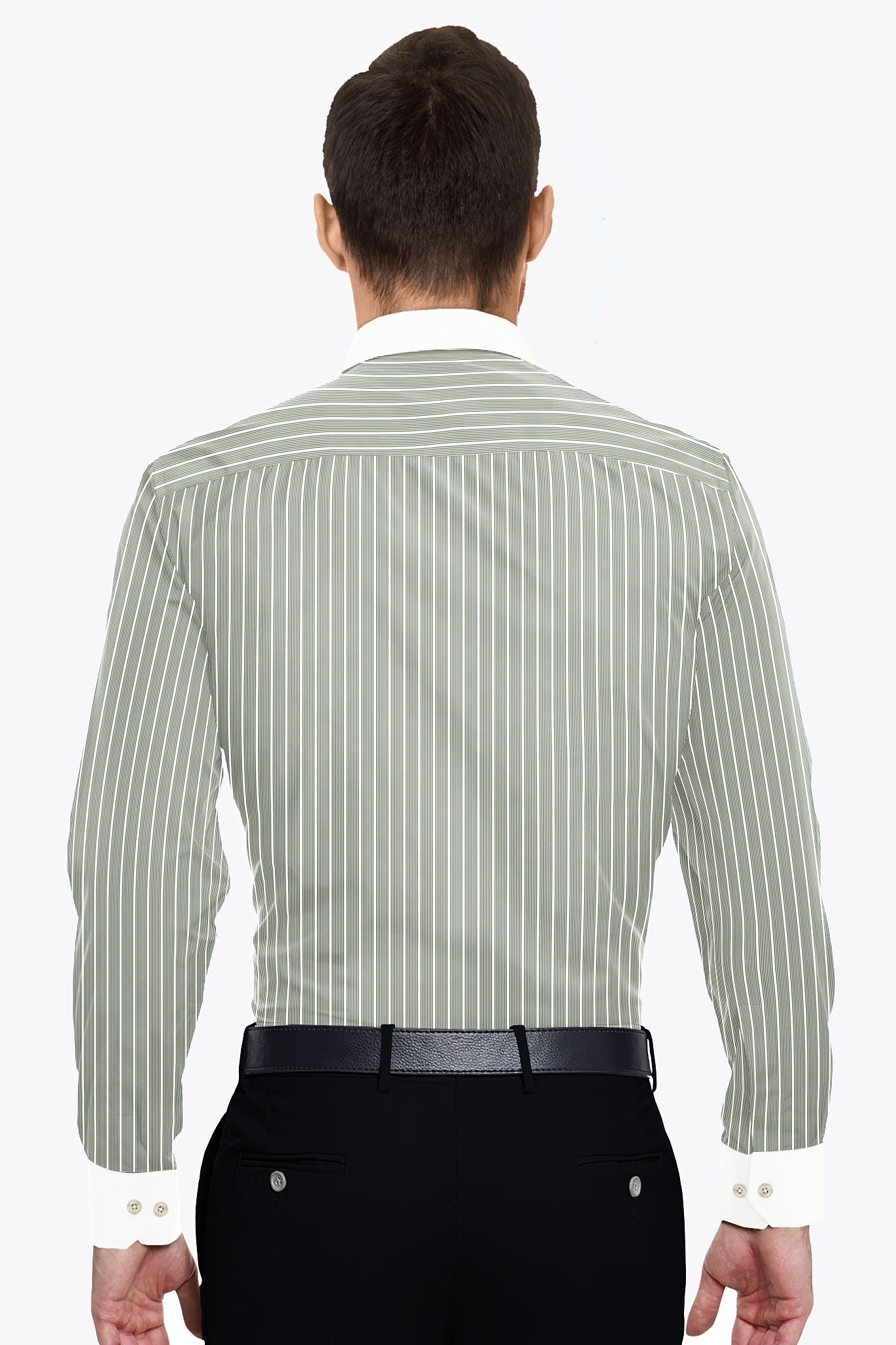 Chive Green and White Stripes Designer Cotton Shirt