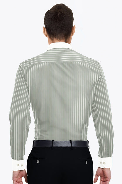 Chive Green and White Stripes Designer Cotton Shirt