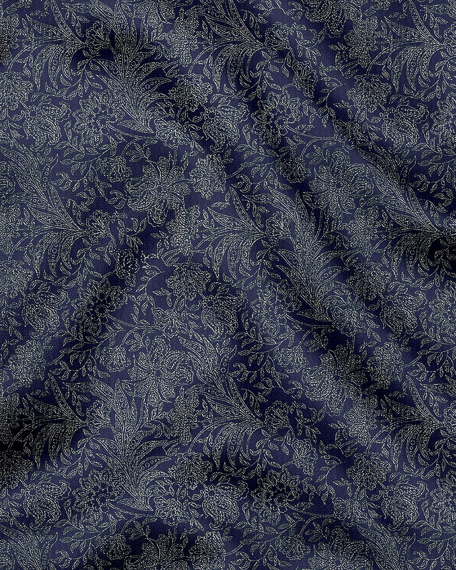 Insignia Blue With Olive Green Vector Flower Printed Cotton Shirt