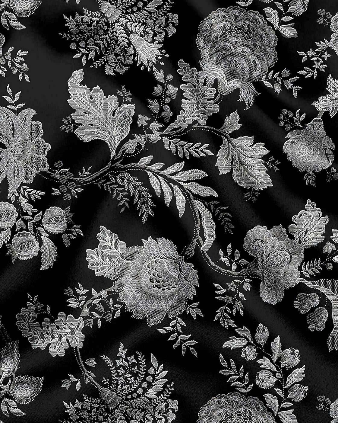 Raven Black with Platinum Grey and Silver Grey Marigold Plant Printed Cotton Shirt