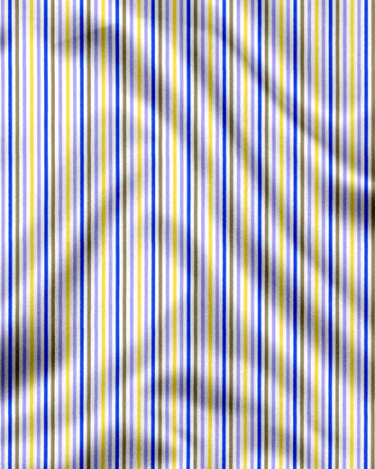 White with Lapis Blue and Lemon Yellow Multicolored Multitrack Stripes Designer Cotton Shirt 