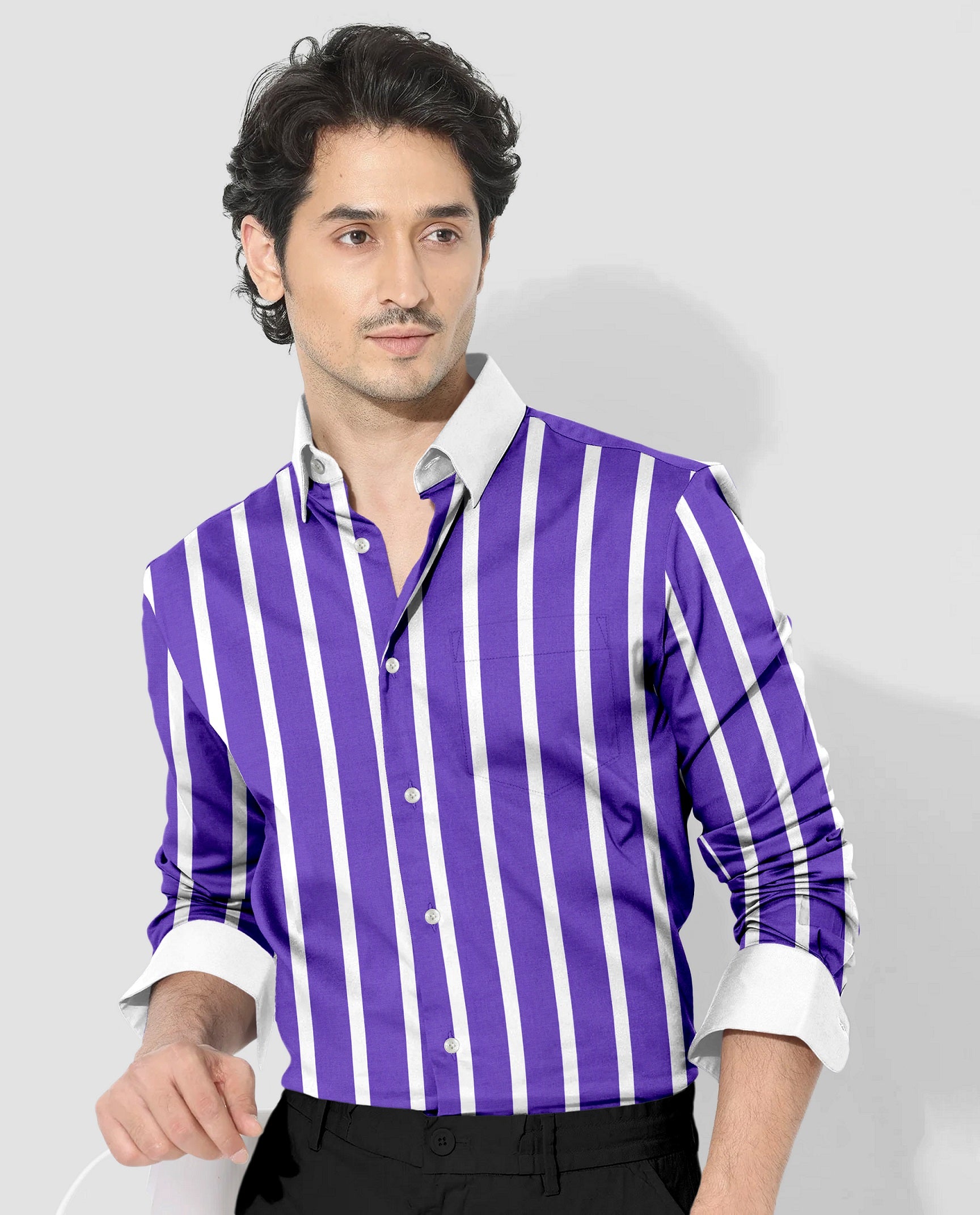 Iris Purple and White Wide Chalk Stripes Designer Cotton Shirt