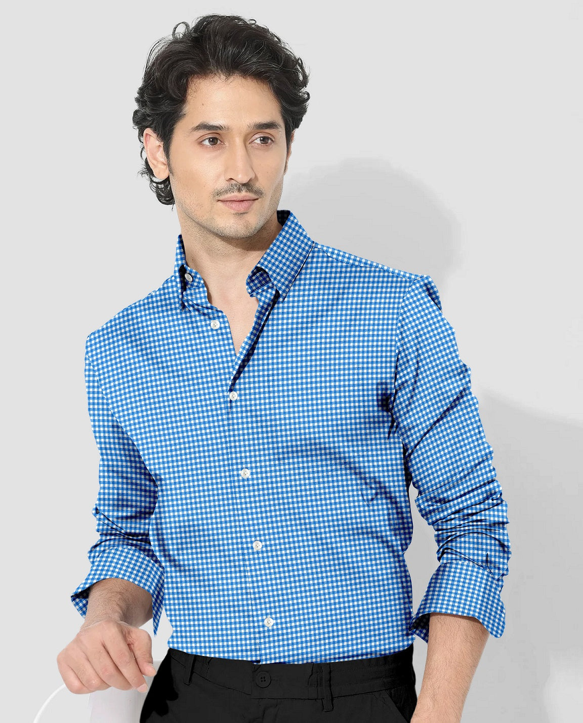 White and Brunnera Blue Gingham Checks Cotton Shirt