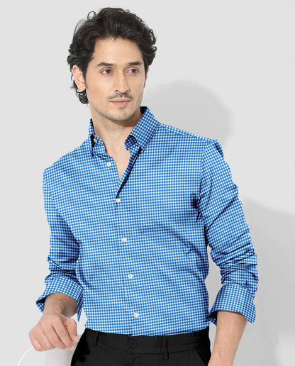 White and Brunnera Blue Gingham Checks Cotton Shirt