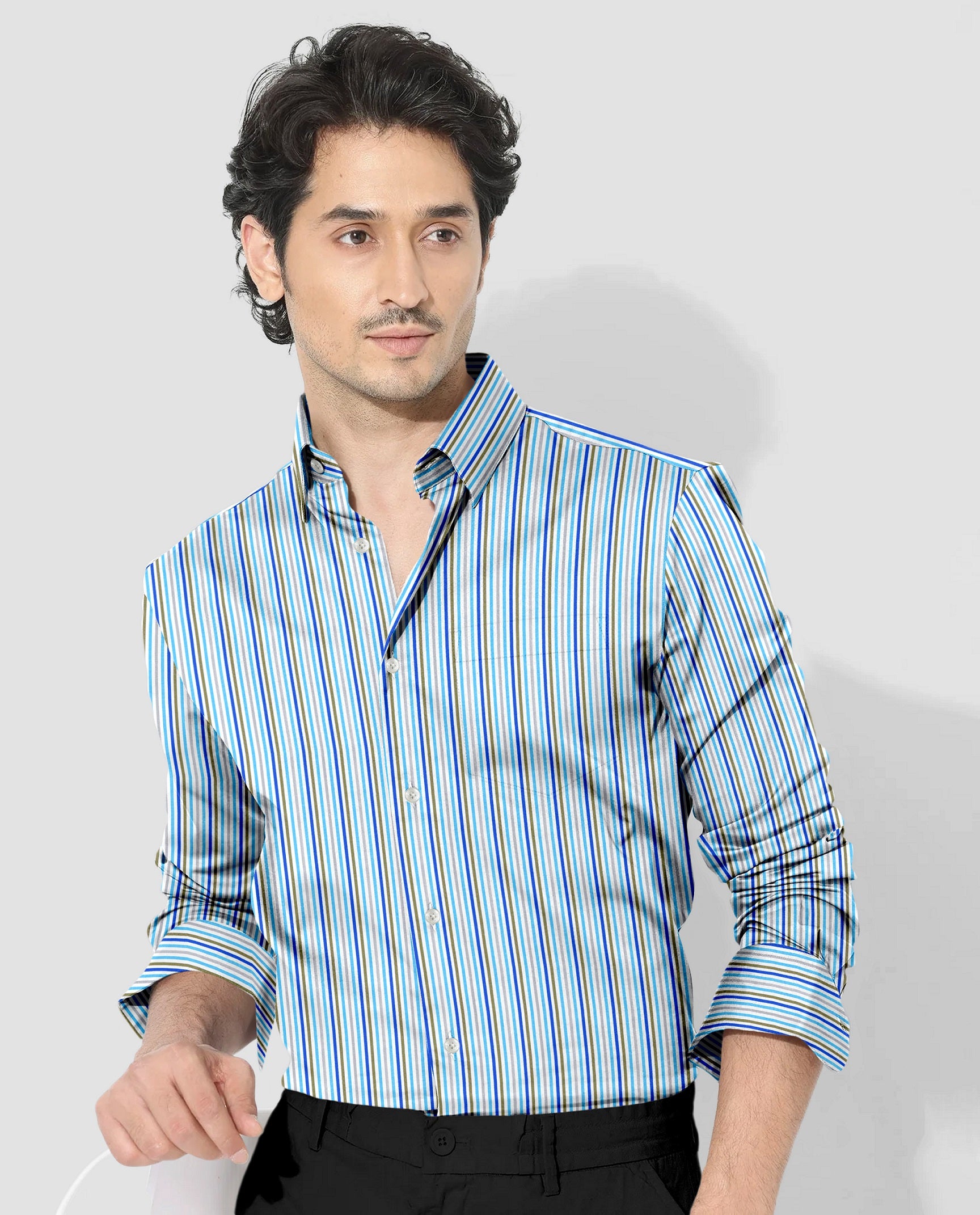 White with Cloisonne Blue and basil Green Multicolored Multitrack Stripes Cotton Shirt