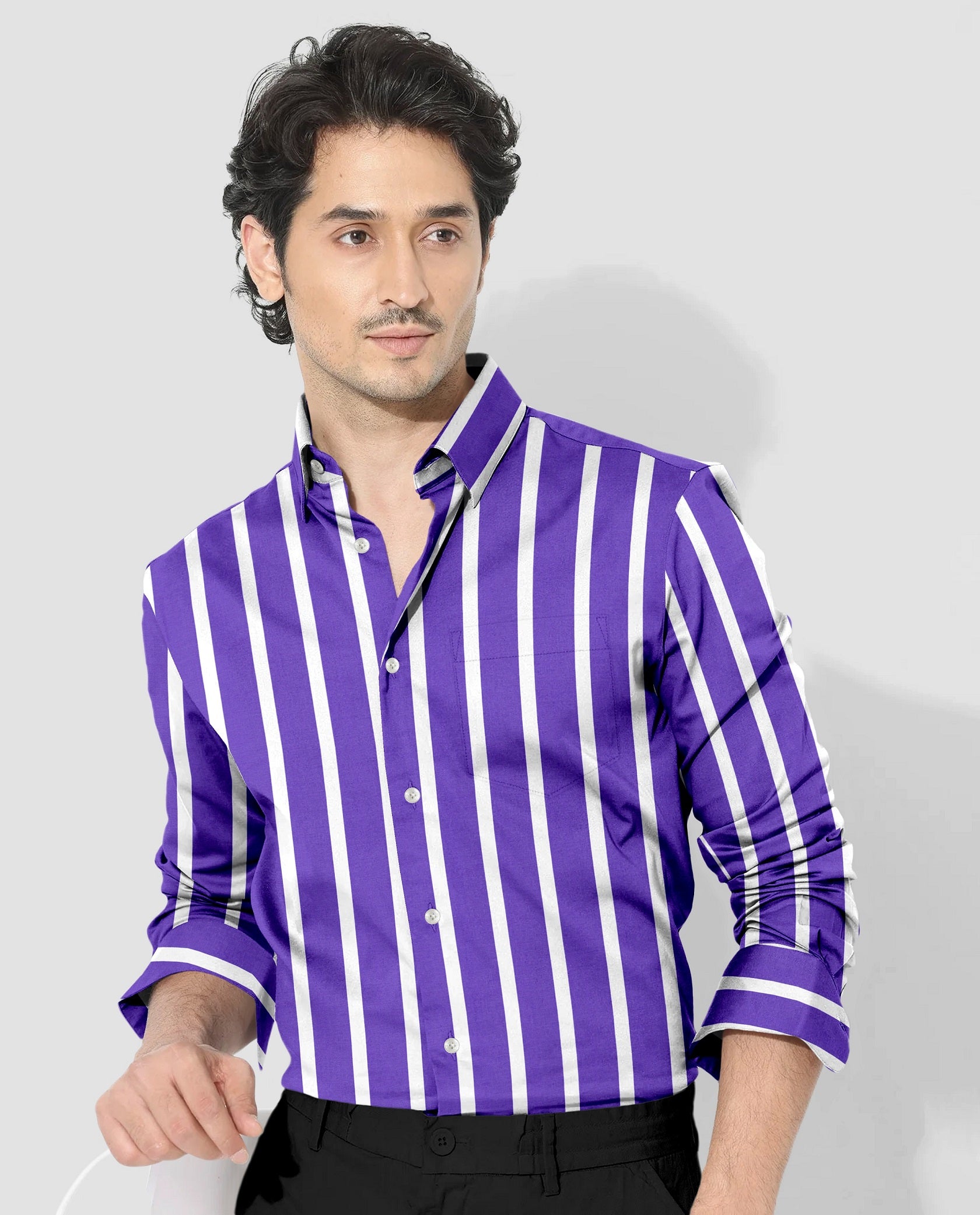 Iris Purple and White Wide Chalk Stripes Cotton Shirt