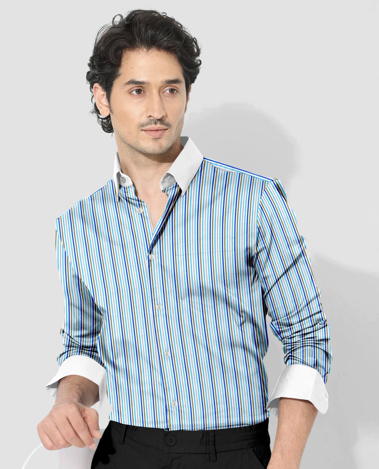 White with Cloisonne Blue and Basil Green Multicolored Multitrack Stripes Designer Cotton Shirt (Copy)