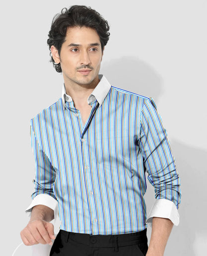 White with Cloisonne Blue and Basil Green Multicolored Multitrack Stripes Designer Cotton Shirt (Copy)